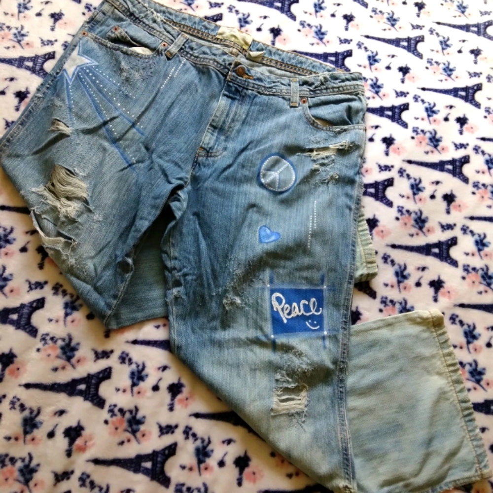 Old Navy x LUVNU Hand painted Distressed Denim